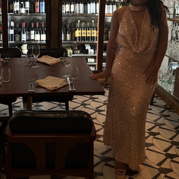 Sparkling Rose Gold Sequin Halter Dress - Picture 1 of 6